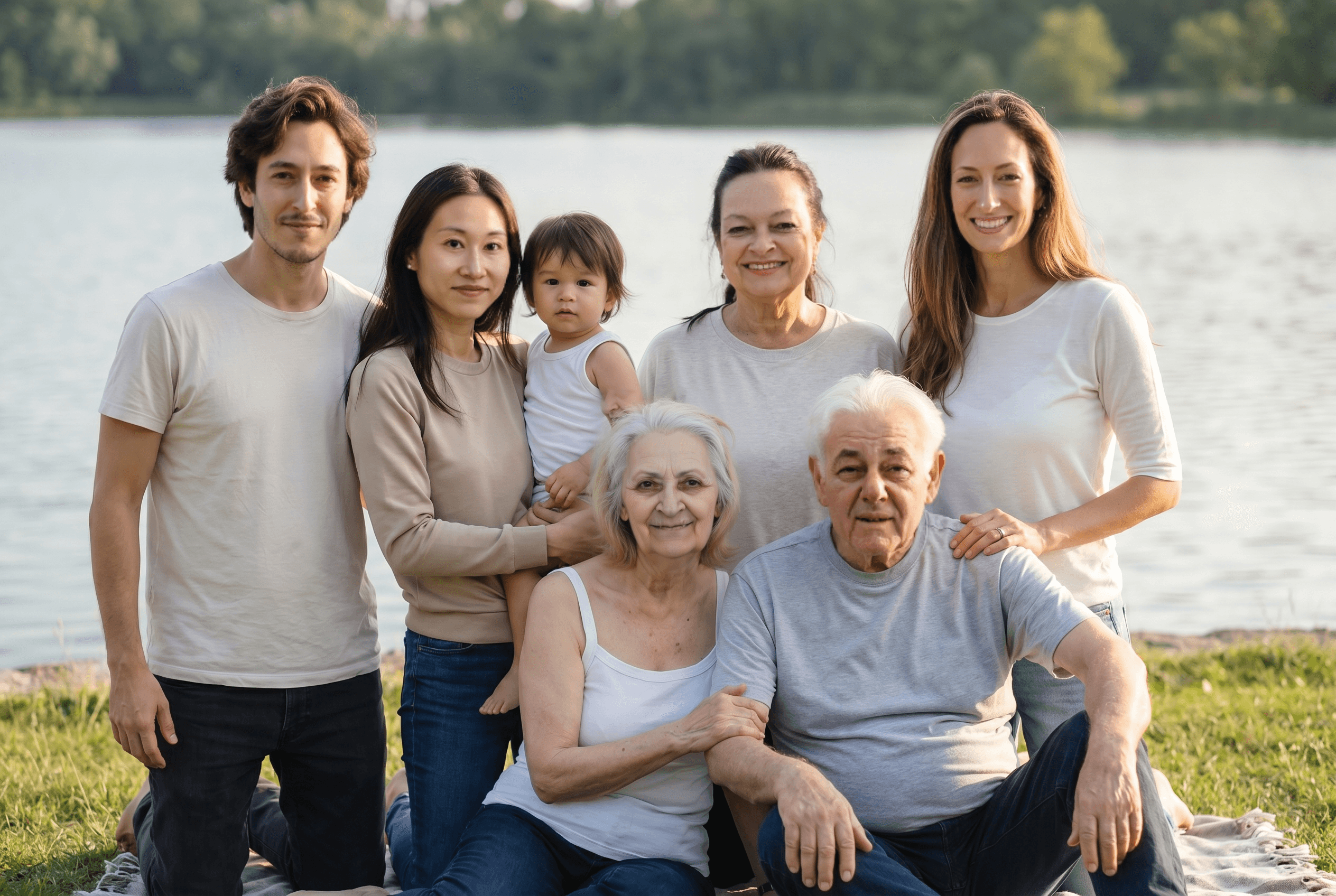 A family gathered together beside a lake.