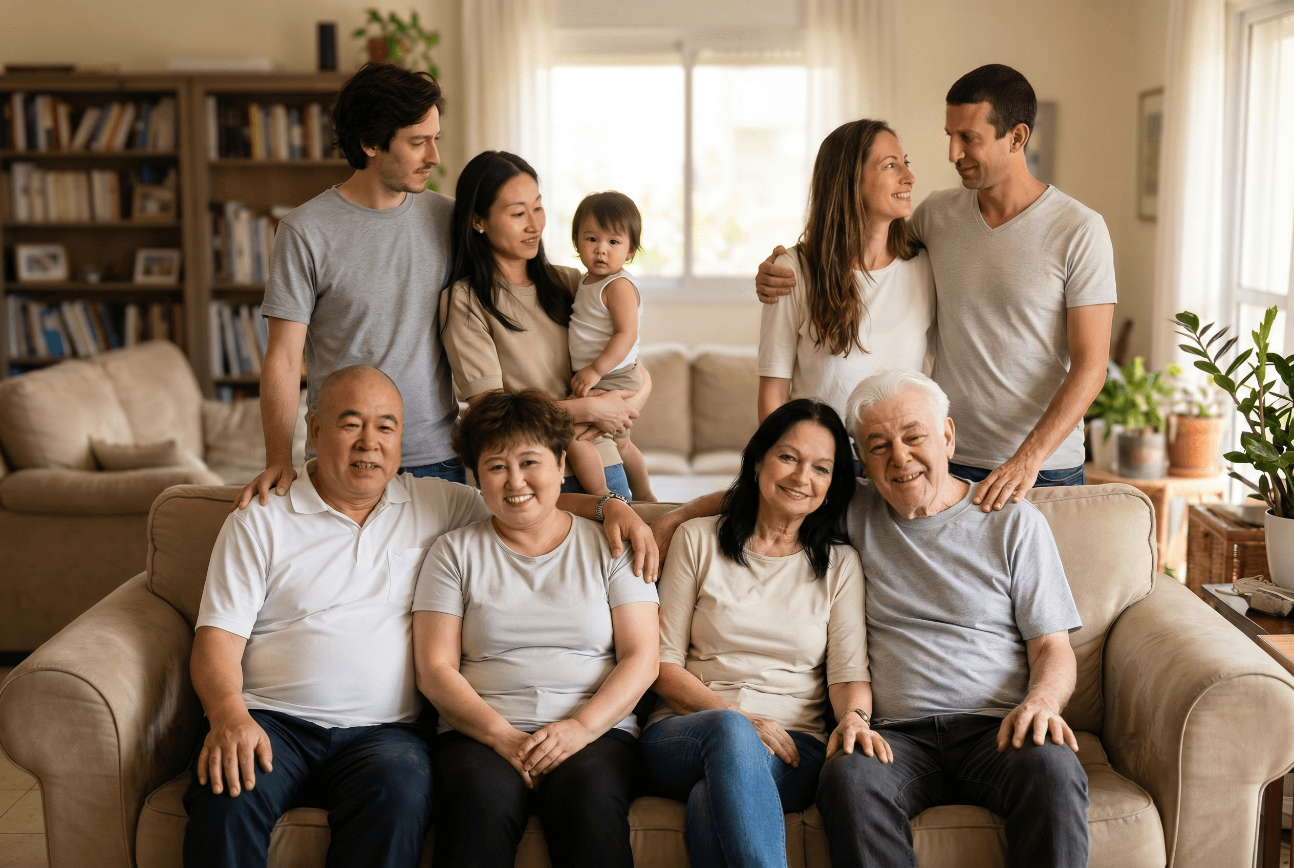A multi-generation family portrait in a living room.
