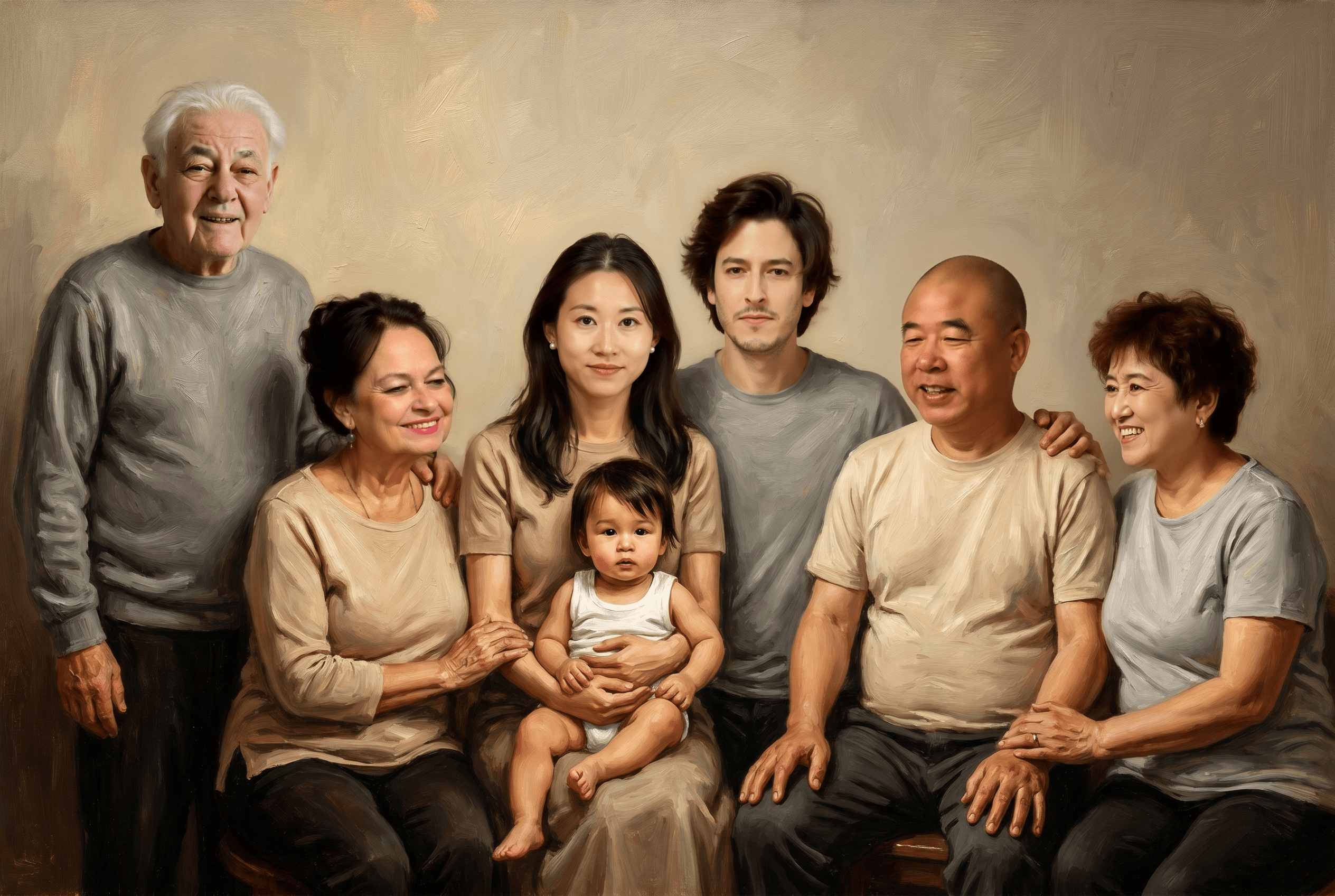A softly painted portrait of a family gathered together.