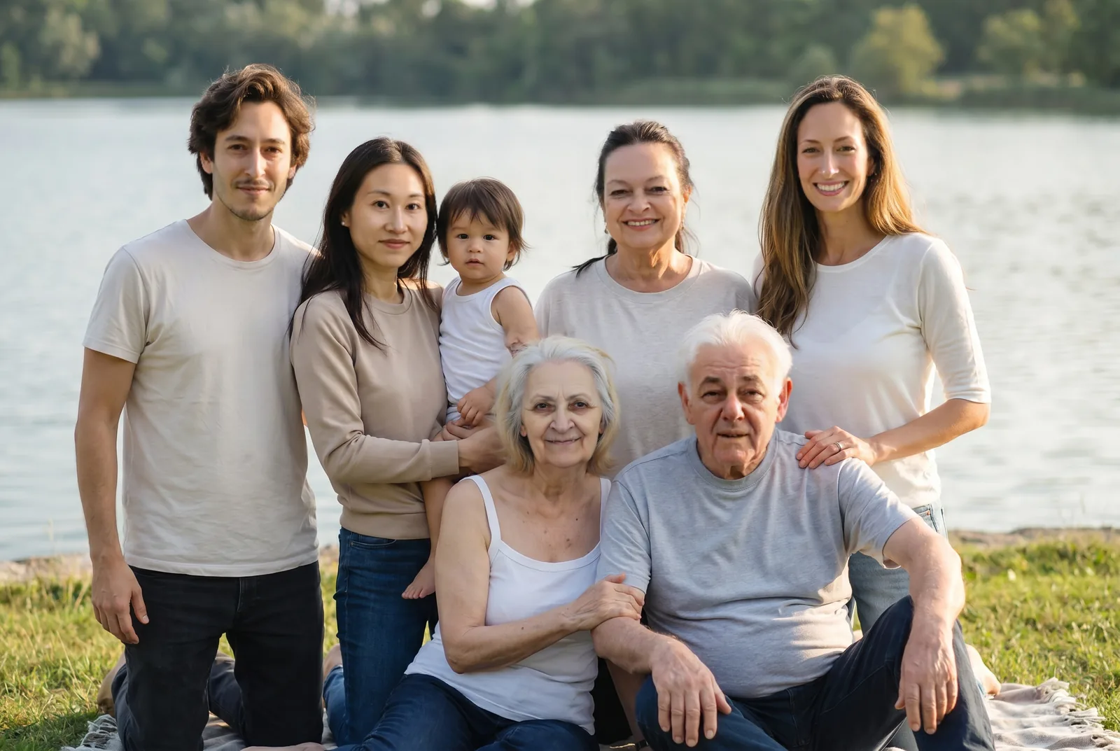 A family gathered together beside a lake.