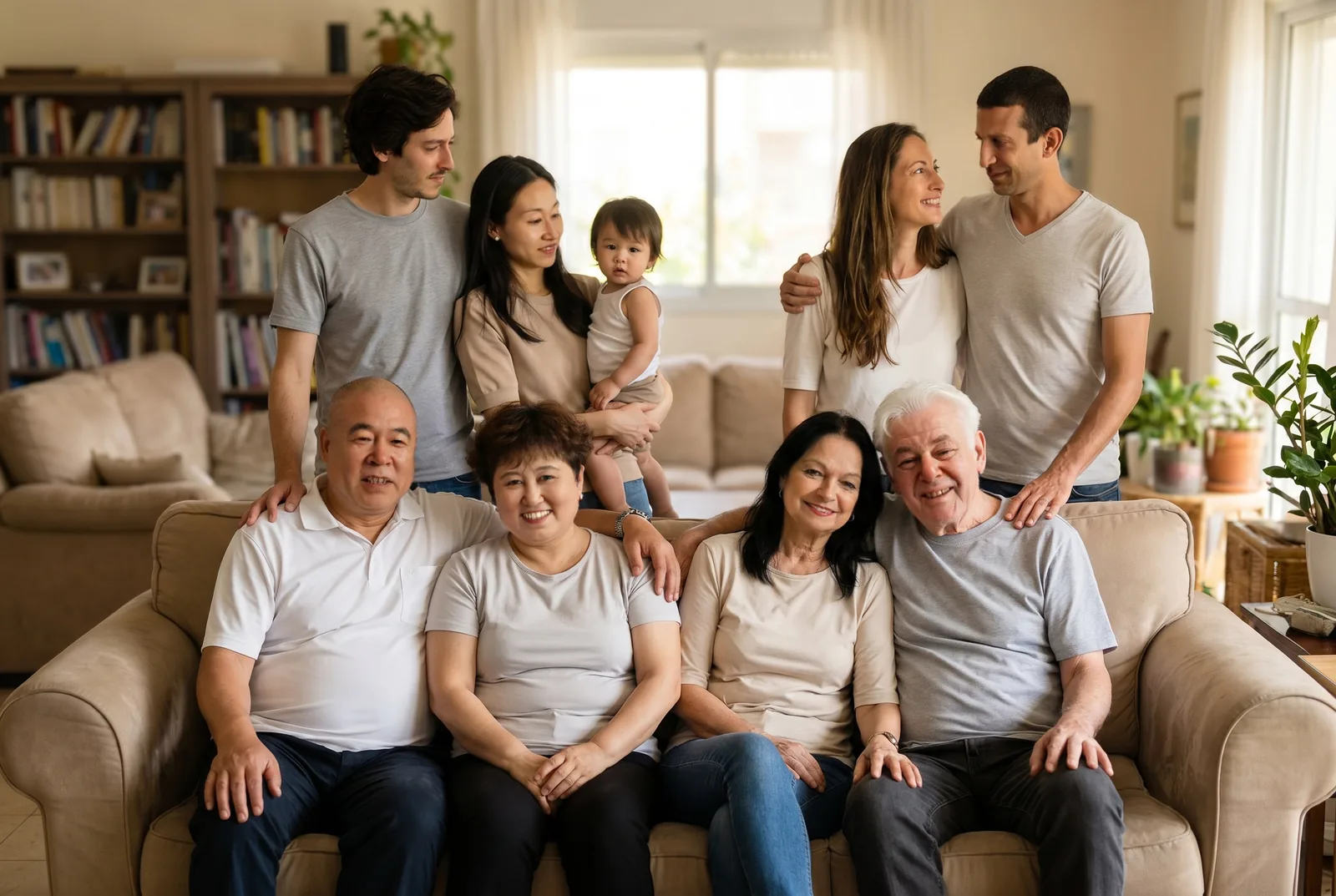 A multi-generation family portrait in a living room.